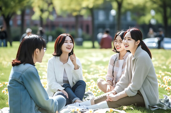 Generative AI : Three happy friends talking sitting on the grass in a park
