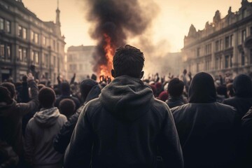 Back of person in protest riot crowd with fire in background - obrazy, fototapety, plakaty