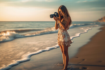Generative AI : Traveler tourist girl taking photo of a sunset on the beach in vacations with a vintage slr camera - obrazy, fototapety, plakaty