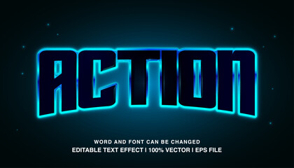 Action ​editable text effect template, blue neon light effect bold futuristic style typeface, premium vector