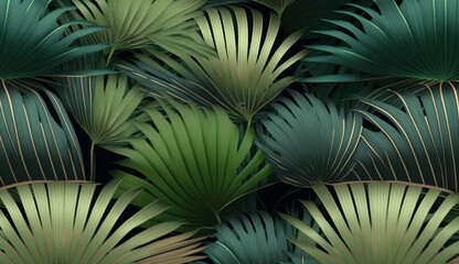 Fototapeta premium Tropical background with green textured palm leaves, foliage. Seamless pattern. Hand-drawn premium vintage 3d illustration. Luxury wallpapers, fabric printing, mural, cloth, poster, Generative AI