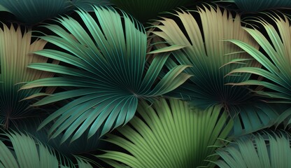 Tropical background with green textured palm leaves, foliage. Seamless pattern. Hand-drawn premium vintage 3d illustration. Luxury wallpapers, fabric printing, mural, cloth, poster, Generative AI