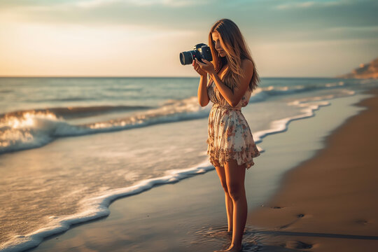 Generative AI : Traveler tourist girl taking photo of a sunset on the beach in vacations with a vintage slr camera