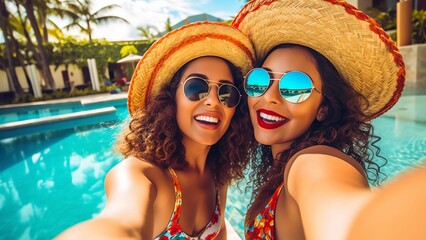 Generative AI : Two tourist friends taking selfies with a smart phone in an hotel balcony on vacations