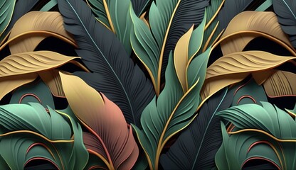 Colorful tropical leaves, jungle. Seamless pattern, luxury mural, wallpapers. Exotic vintage 3d digital illustration, dark watercolor background. Modern printable art, fabric, tapestry, Generative AI