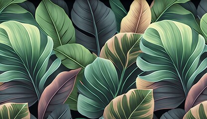 Tropical leaves pattern, seamless texture, luxury watercolor 3d illustration. Minimal art, beautiful mural, hd wallpaper, pastel background, hand-drawn. Graphic design, stylish modern, Generative AI