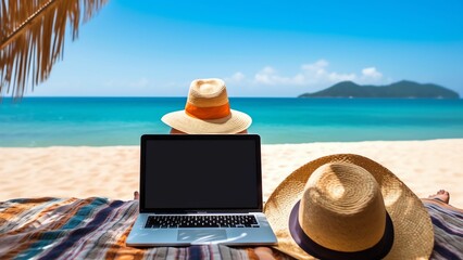 Fototapeta na wymiar Generative AI : Woman typing on a laptop in a tropical beach with a turquoise sea in the background