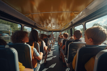 children on school bus back to school - obrazy, fototapety, plakaty