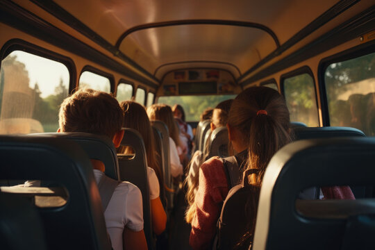 The children inside school bus in the morning back to school
