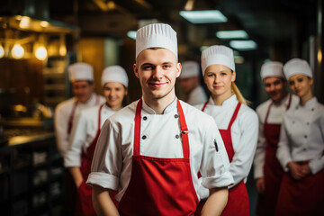 Group of people chefs in uniform smiling ready to work
