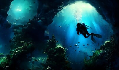scuba diver in the underwater. Created with generative AI technology