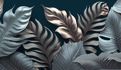 Blue vintage tropical leaves in seamless border design. Premium wallpaper, luxury silver grey background, texture, mural art. 3d dark watercolor floral illustration. Golden, beige, Generative AI