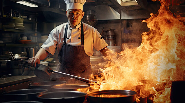 Chef in an Asian restaurant kitchen, flame and smoke on the gas stove, Generative Ai