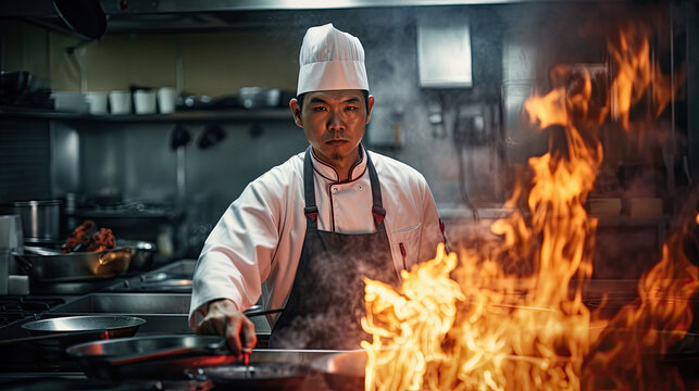 Chef in an Asian restaurant kitchen, flame and smoke on the gas stove, Generative Ai