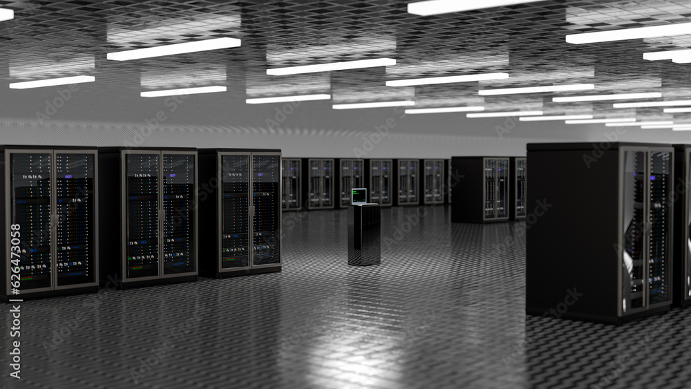 Poster server room. server data center. backup, mining, hosting, mainframe, farm and computer rack with sto