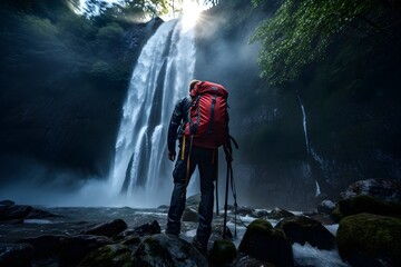Obraz premium Discovering Hidden Serenity: Hiker's Journey to a Summer Waterfall Amidst Breathtaking Wilderness - AI Art