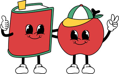 Retro Cartoon Mascot School Friends Book And Apple Groovy Character