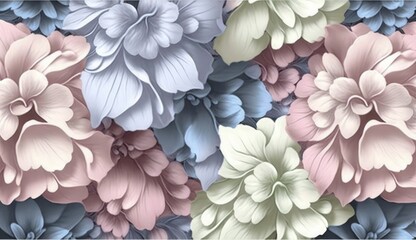 Watercolor hydrangea flowers. Seamless pattern, floral background. Luxury 3d wallpaper, premium texture. Pastel blue, pink, beige color palette. Beautiful wedding bouquets. paper, Generative AI