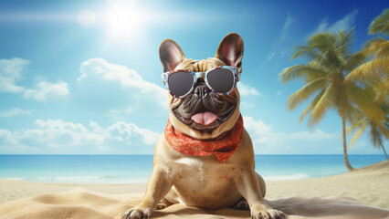 Fototapeta na wymiar Cute French Bulldog wearing sunglasses and bandana sitting on the beach