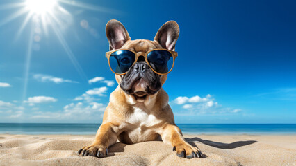 Fototapeta na wymiar Cute French Bulldog wearing sunglasses sitting on the beach