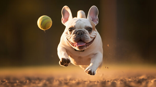 Active French Bulldog running to catch the ball - Powered by Adobe