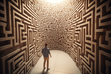 Man walking into big labyrinth. Finding solution concept, generative AI	

