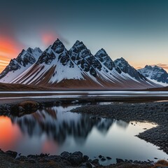 Vestrahorn mountaine on Stokksnes cape in Iceland during sunset. Amazing Iceland nature seascape. popular tourist attraction. Best famouse travel locations. Scenic Image of Iceland