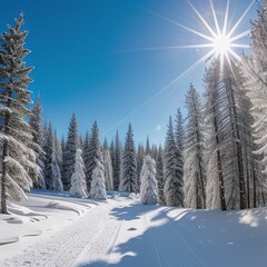 panoramic view of the covered with frost trees in the snowdrifts. Magical winter forest. Natural landscape with beautiful sky