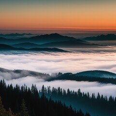 Beautiful sunrise in the mountains. Fir trees in the fog and dark silhouettes of mountains at dawn