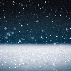 Beautiful winter snowy blurred defocused blue background and empty wooden flooring. Flakes of snow fall and sparkle on light, copy space
