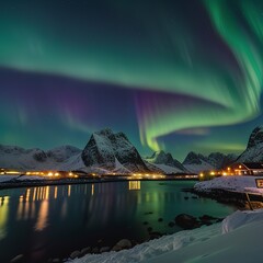 Green and purple aurora borealis over snowy mountains. Northern lights in Lofoten islands, Norway. Starry sky with polar lights