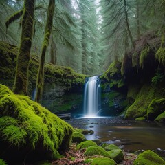 Scenic waterfall in a mossy forest