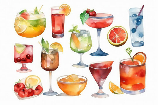 Watercolor illustration of drinks and cocktails collection on white background, generative AI	
