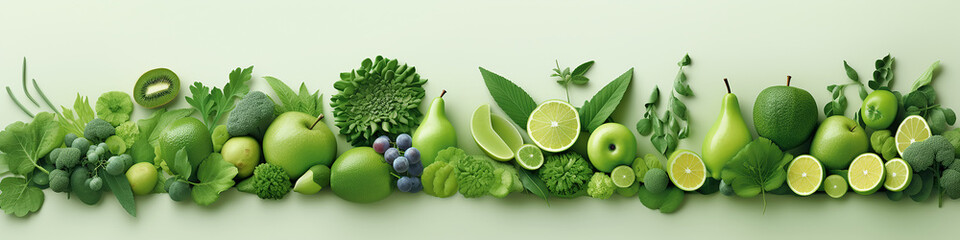 green vegetables and fruits isolated on a white background long frame panorama eco vegetarian.