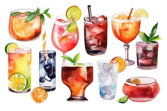 Watercolor illustration of drinks and cocktails collection on white background, generative AI	
