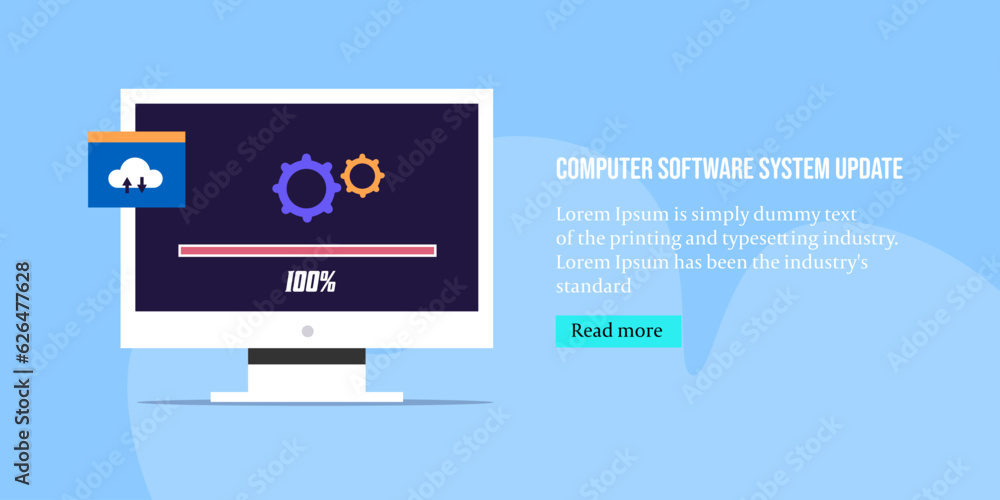 Poster computer system update, loading progress bar with gear icon, installing software on desktop pc, info