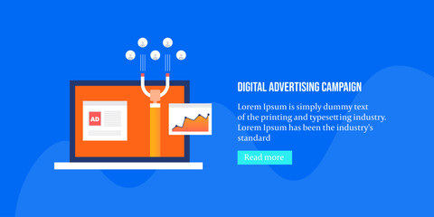Website display ads, social media advertising, digital advertisement campaign businessman attracting new customer leads and increase website traffic growth on dashboard interface, vector banner.