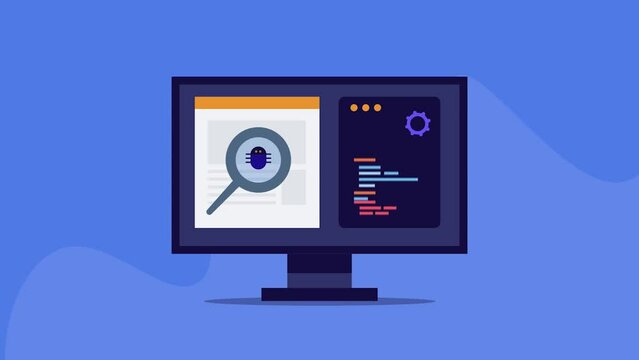Computer screen showing coding and programming, bug fixing and software app glitch, finding error on web development, testing api integration system conceptual internet technology video animation.