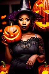 halloween Portrait of a dark-skinned witch in a pointed cap and black dress with a pumpkin