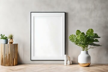 Blank picture frame mockup on wall in modern interior of room generated by AI tool