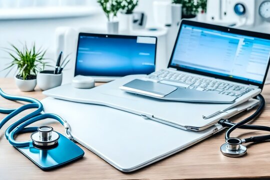 stethoscope and laptop on wooden table generated by AI tool