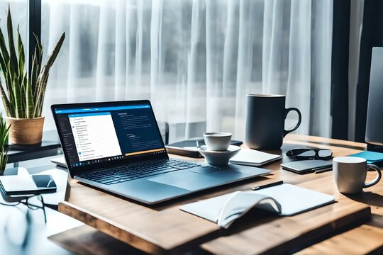 interior of a office room with laptop and cup of coffee generated by AI tool