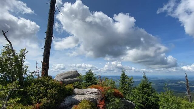 Cummulus cloud time lapse on Dreisessel, Tristolicnik mountain in strong wind. Sumava National Park and Bavarian Forest, Czech republic, Germany
