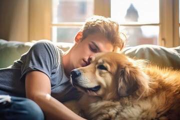  A young man relaxing on a sofa with a large dog