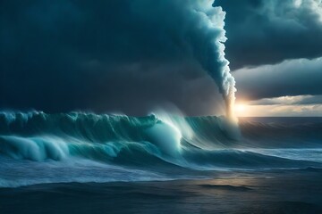 A massive ocean wave crashes under a dark, turbulent storm sky near sunset.