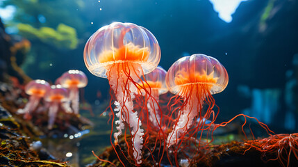 a swarm of jellyfish under water in the ocean