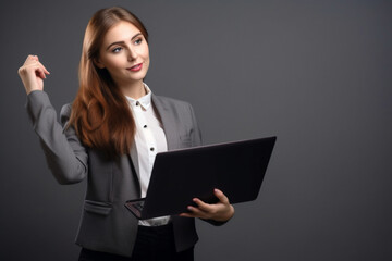 Businesswoman with laptop on grey background
