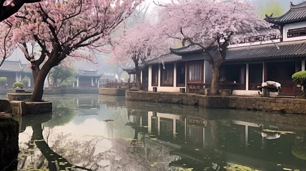 Printed kitchen splashbacks Light Pink spring landscape with sakura in pink flowers landscape in an ancient Chinese city with a canal and a river.