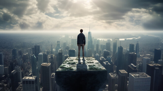 a man stands on the roof of a skyscraper overlooking the metropolis.
