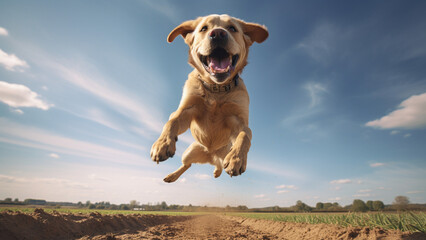 Happy Labrador Retriever Jumping forward in excited mood